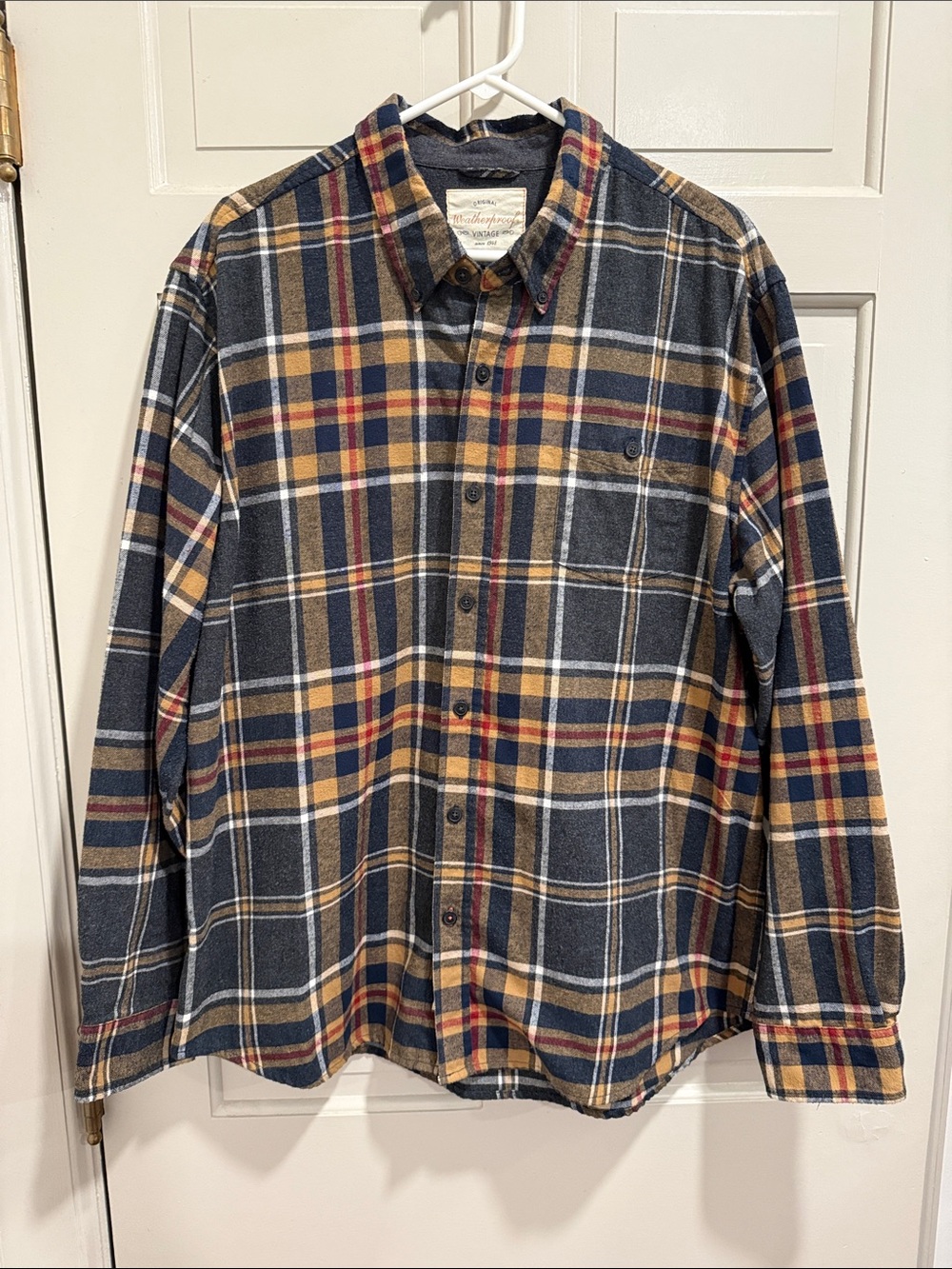 Weatherproof Vintage Plaid Flannel Button-Up Shirt - Navy & Mustard Size XXL